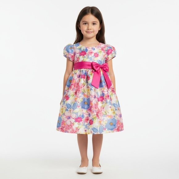 Ashley Ann Girls Dress Size 4T Multicolor Floral Pink Puffy Sleeves Party Whimsi - Picture 2 of 7